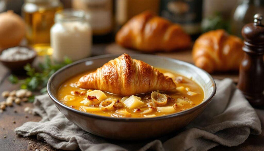 La recette de la soupe à l’oignon « so french » avec un croissant dedans
