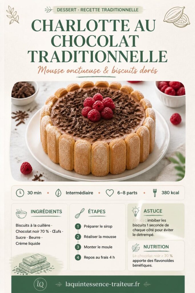 Charlotte au chocolat traditionnelle démoulée, décorée de copeaux de chocolat et de framboises, sur fond de marbre blanc