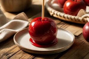 Six pommes d'amour façon fête foraine sur bâtonnets en bois, enrobées d'un caramel rouge brillant, posées sur papier sulfurisé