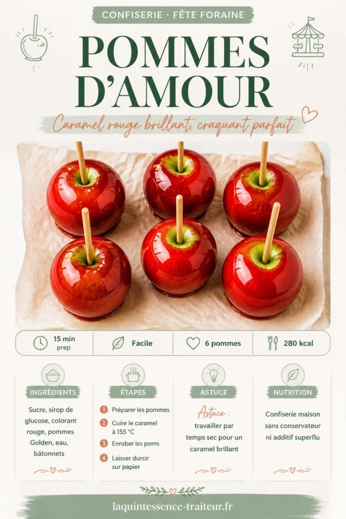 Pommes d'amour façon fête foraine sur bâtonnets, caramel rouge brillant, papier sulfurisé