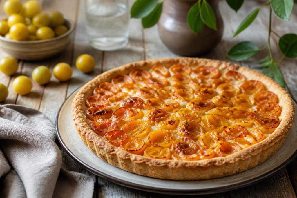 Tarte aux mirabelles congelées dorée dans un moule à tarte, garnie de mirabelles juteuses sur fond de pâte brisée croustillante