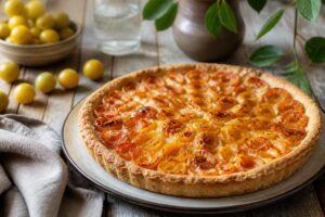Tarte aux mirabelles congelées dorée dans un moule à tarte, garnie de mirabelles juteuses sur fond de pâte brisée croustillante