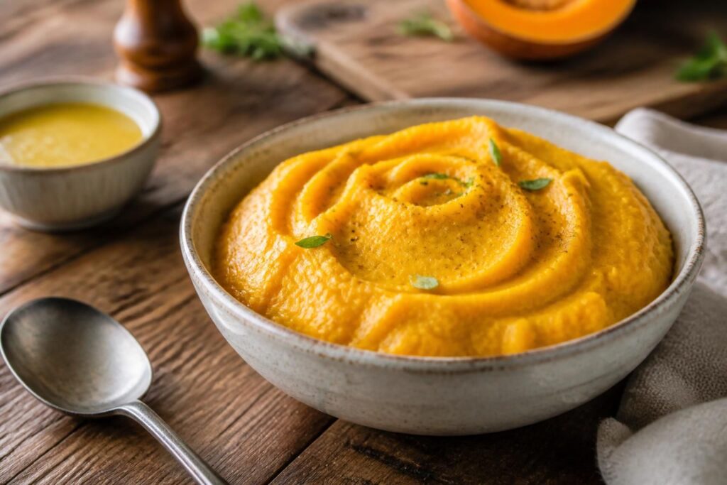 Purée de butternut onctueuse servie dans un bol en céramique blanc, parsemée de muscade et d'une noix de beurre, réalisée au Thermomix®