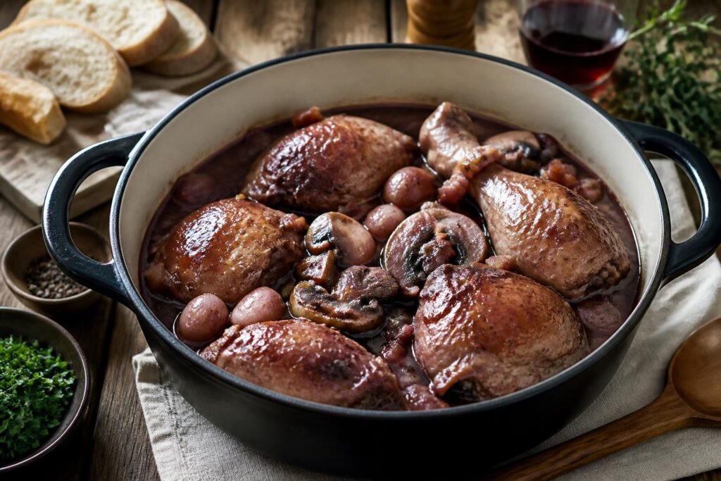 Coq au vin à l'ancienne servi en cocotte en fonte, sauce brillante au vin rouge, lardons et champignons de Paris, sur une table rustique en bois
