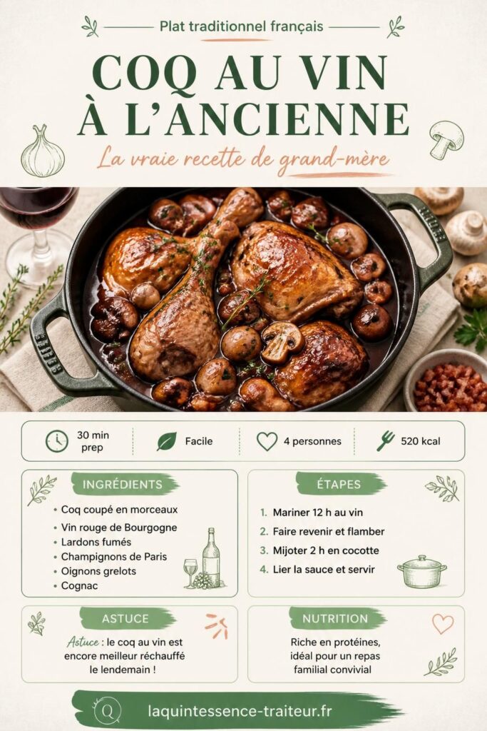 Coq au vin à l'ancienne en cocotte fonte, sauce vin rouge, lardons et champignons