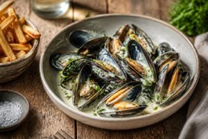 Moules à la crème fraîche servies dans un faitout, sauce dorée et persil frais, recette maison facile