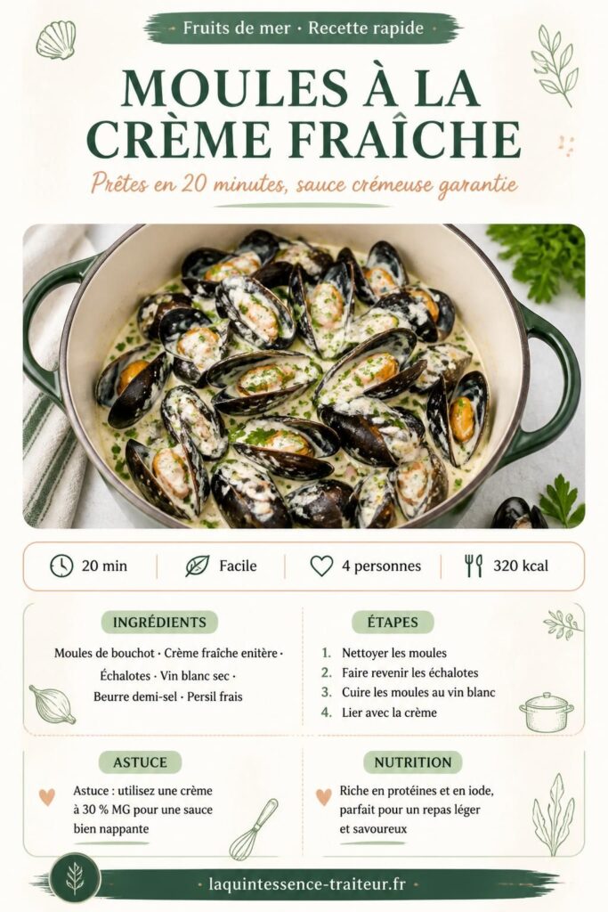 Moules à la crème fraîche dans un faitout, sauce crémeuse et persil frais, recette facile en 20 min