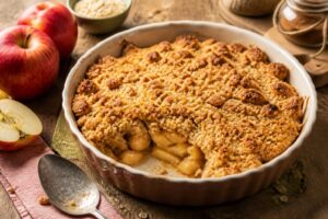 Crumble aux pommes maison dans un plat à gratin en céramique blanche, pâte dorée croustillante et pommes fondantes à la cannelle, sur une table en bois rustique